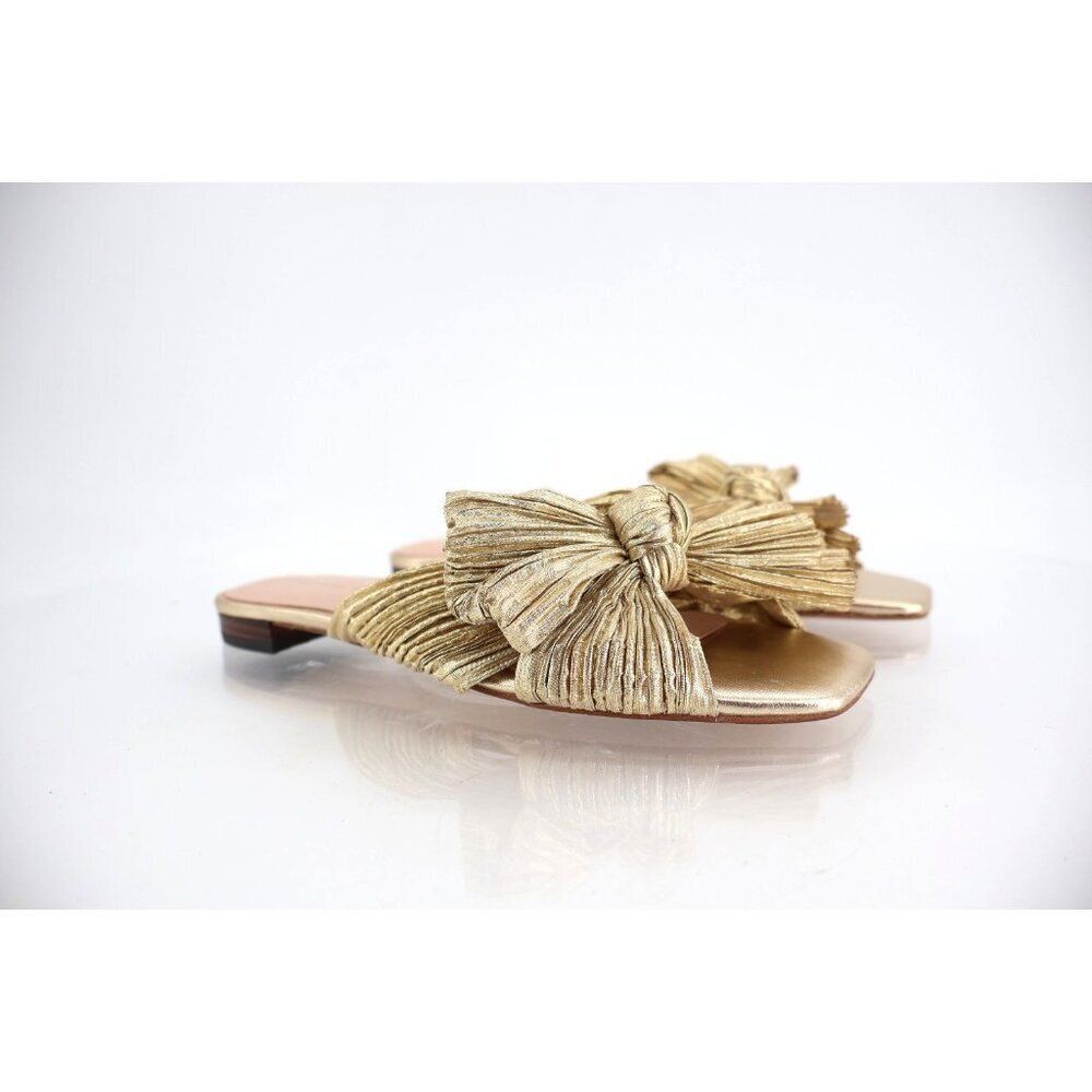 Loeffler Randall Daphne Pleated Bow Slide Sandal Size 5 Gold Crinkled Lame Flat